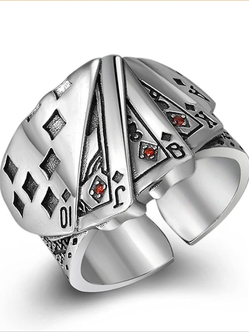 Silver Card Fan Stainless Steel Ring for Men - Poker Design ADJUSTABLE